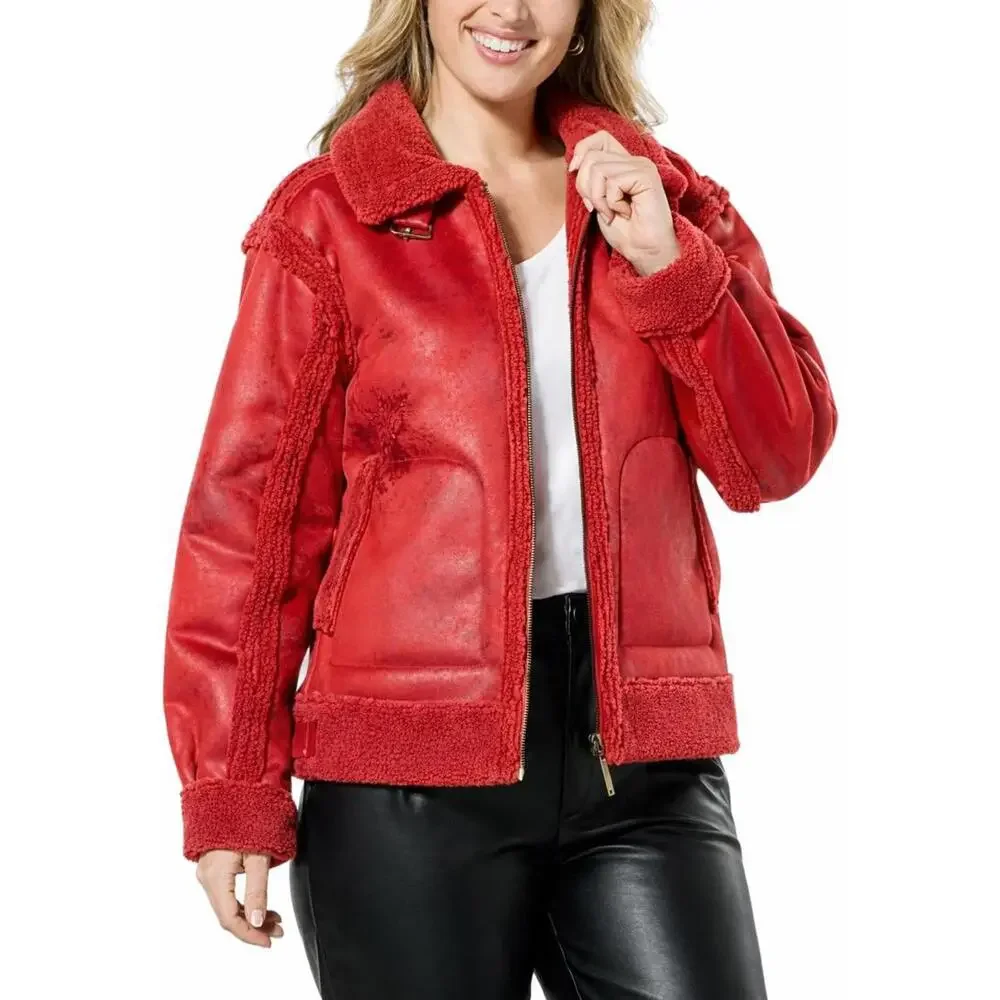 G by Giuliana Women's Faux Suede Shearling ZipFront Coat Scarlet Red Size Small
